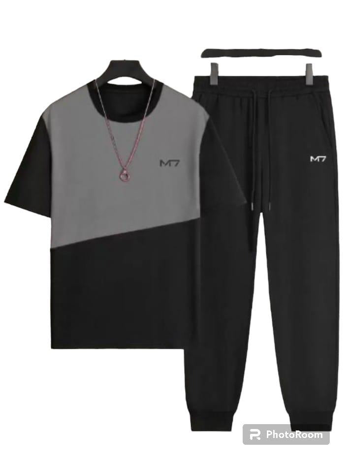 Men Black Printed Track Suit Set M7 Polyester