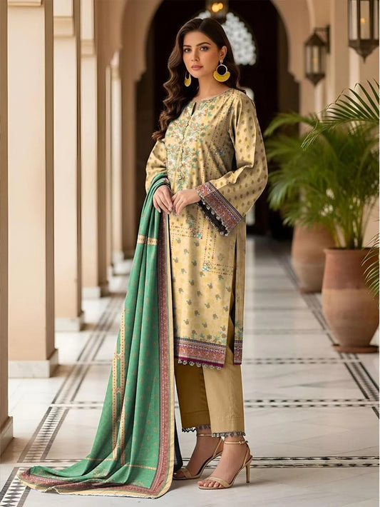 Yellow Printed Dobby Lawn 3Pcs SuitYellow Printed Dobby Lawn 3Pcs Suit