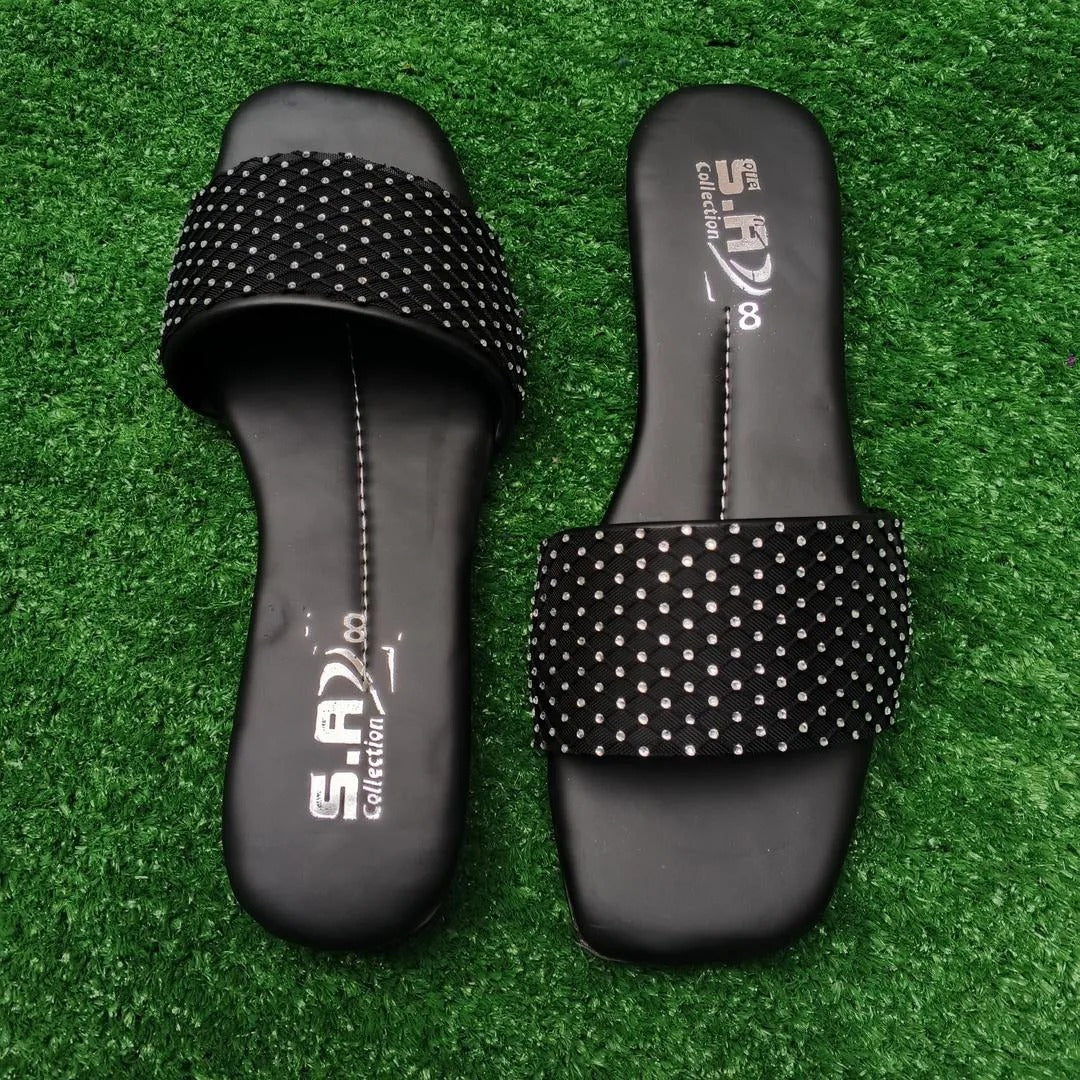 Black Rhinestone Women's Flat Slippers Size 6-10