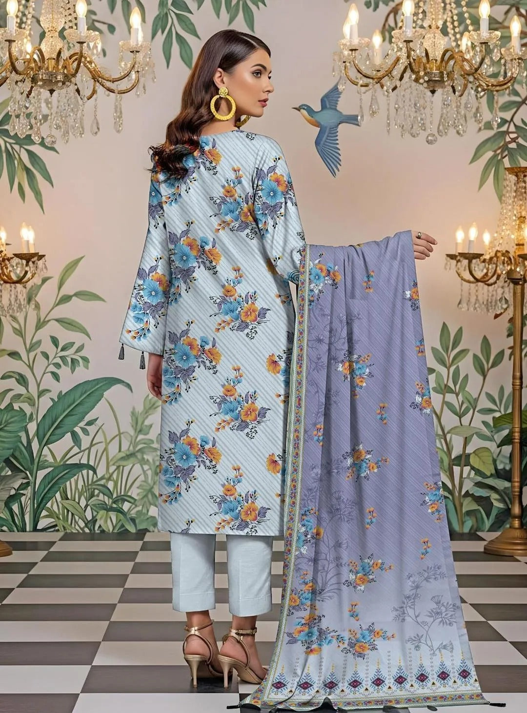 3 Piece Printed Lawn Suit Grey Floral Eid Summer Wear