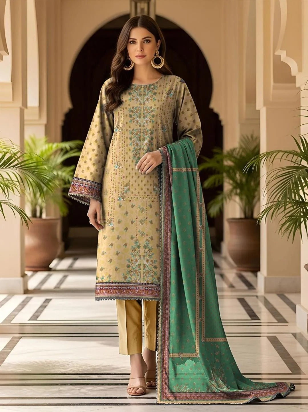 Yellow Printed Dobby Lawn 3Pcs SuitYellow Printed Dobby Lawn 3Pcs Suit