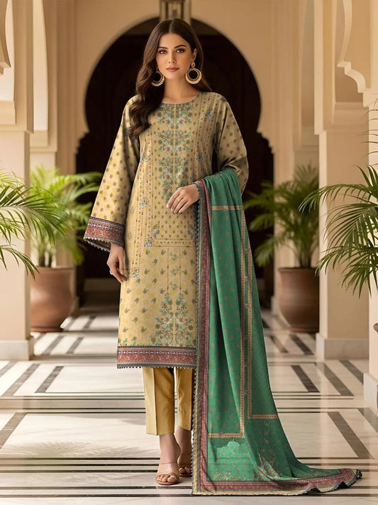 Yellow Printed Dobby Lawn 3Pcs SuitYellow Printed Dobby Lawn 3Pcs Suit