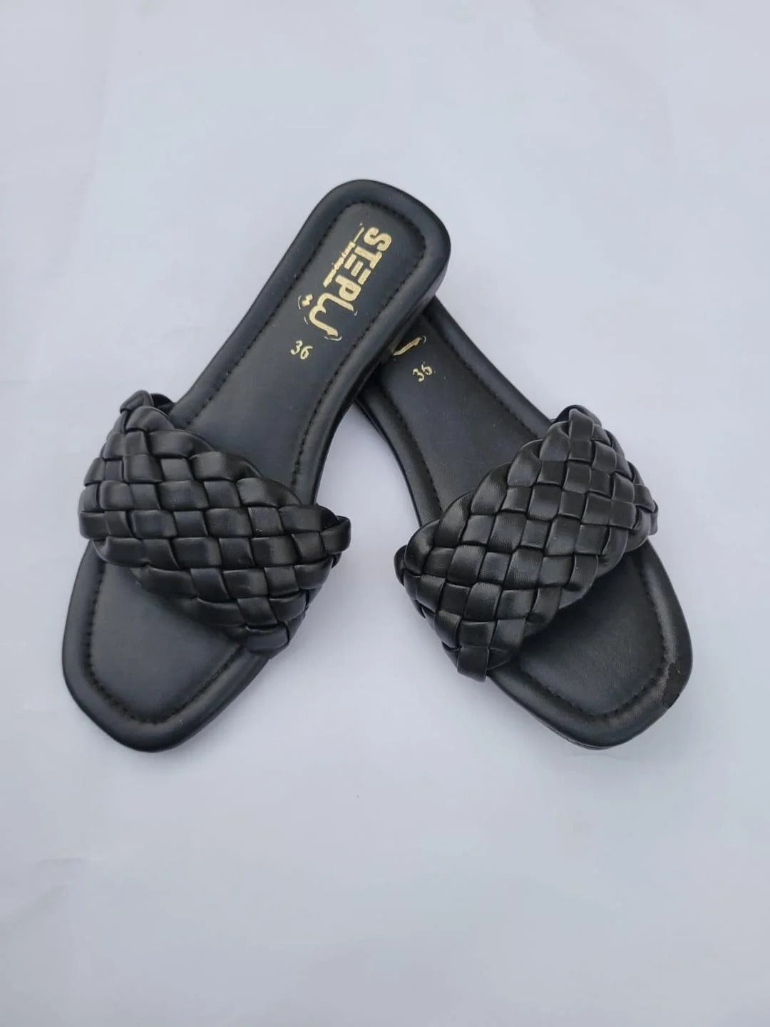 Black Woven Slipper Flat Shoes for Women