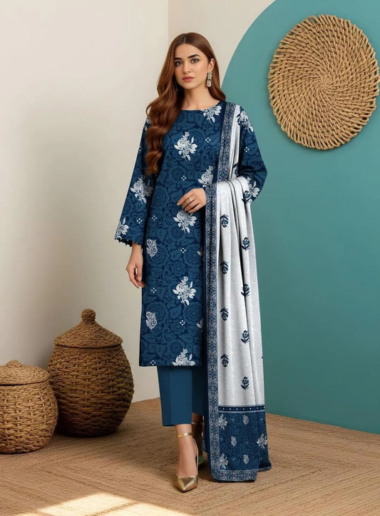 3 Piece Printed Blue Floral Dobby Lawn Suit for Women