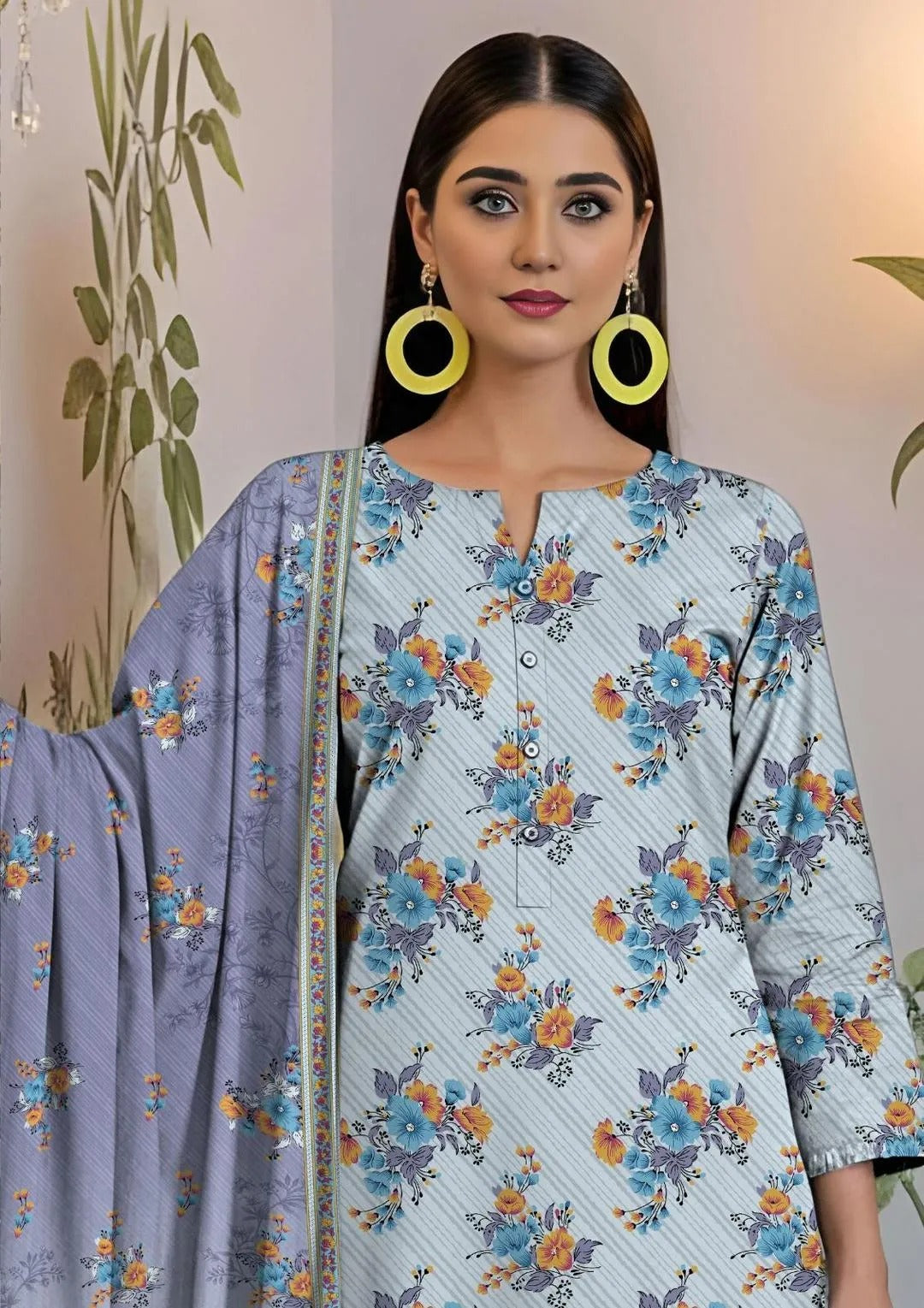 3 Piece Printed Lawn Suit Grey Floral Eid Summer Wear