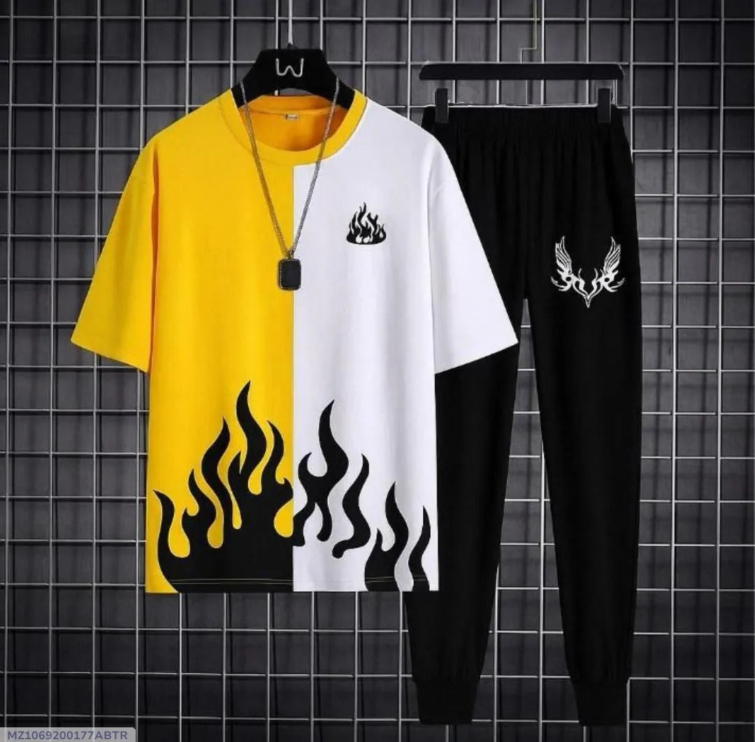 Men Flame Print Track Suit Yellow White Black Micro Interlock