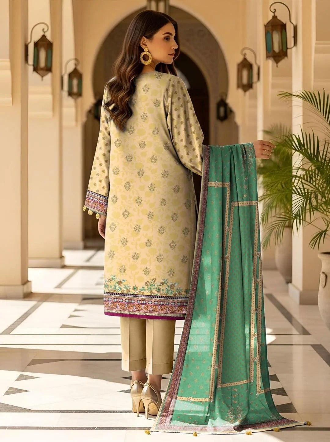 Yellow Printed Dobby Lawn 3Pcs SuitYellow Printed Dobby Lawn 3Pcs Suit