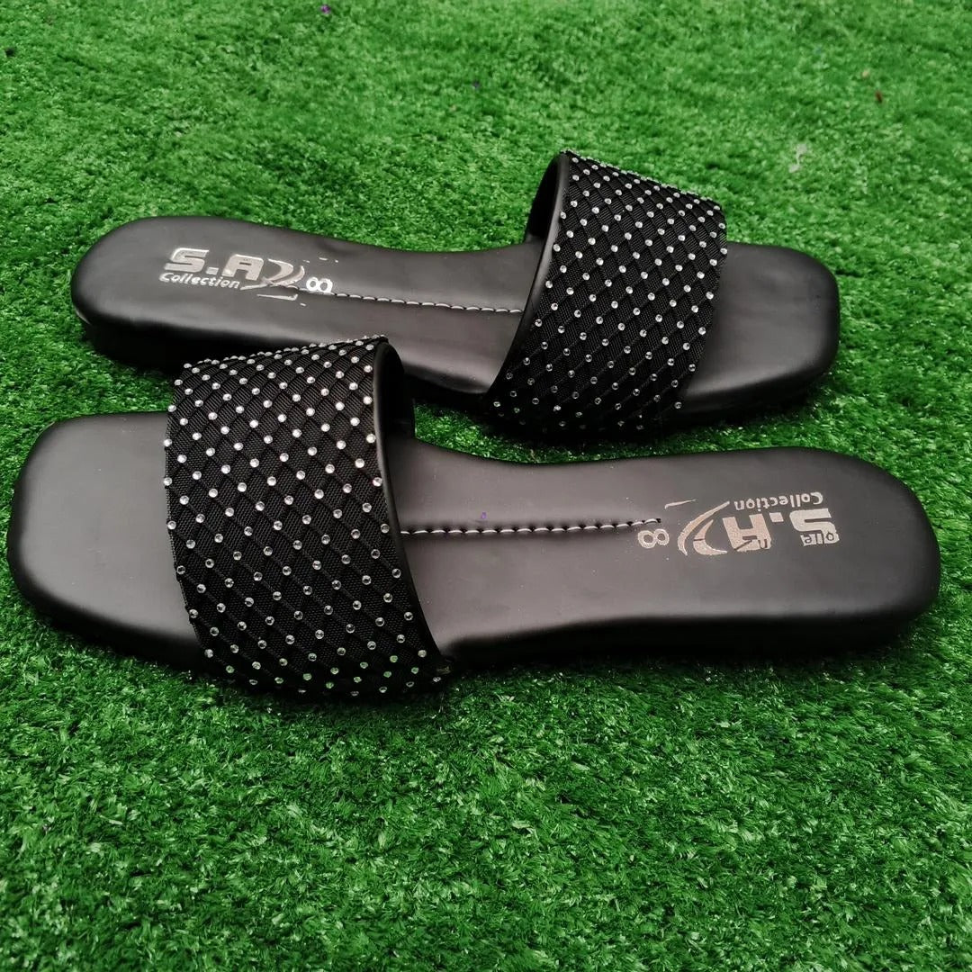 Black Rhinestone Women's Flat Slippers Size 6-10