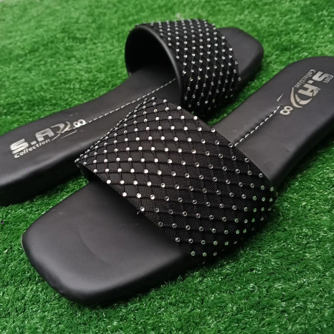 Black Rhinestone Women's Flat Slippers Size 6-10