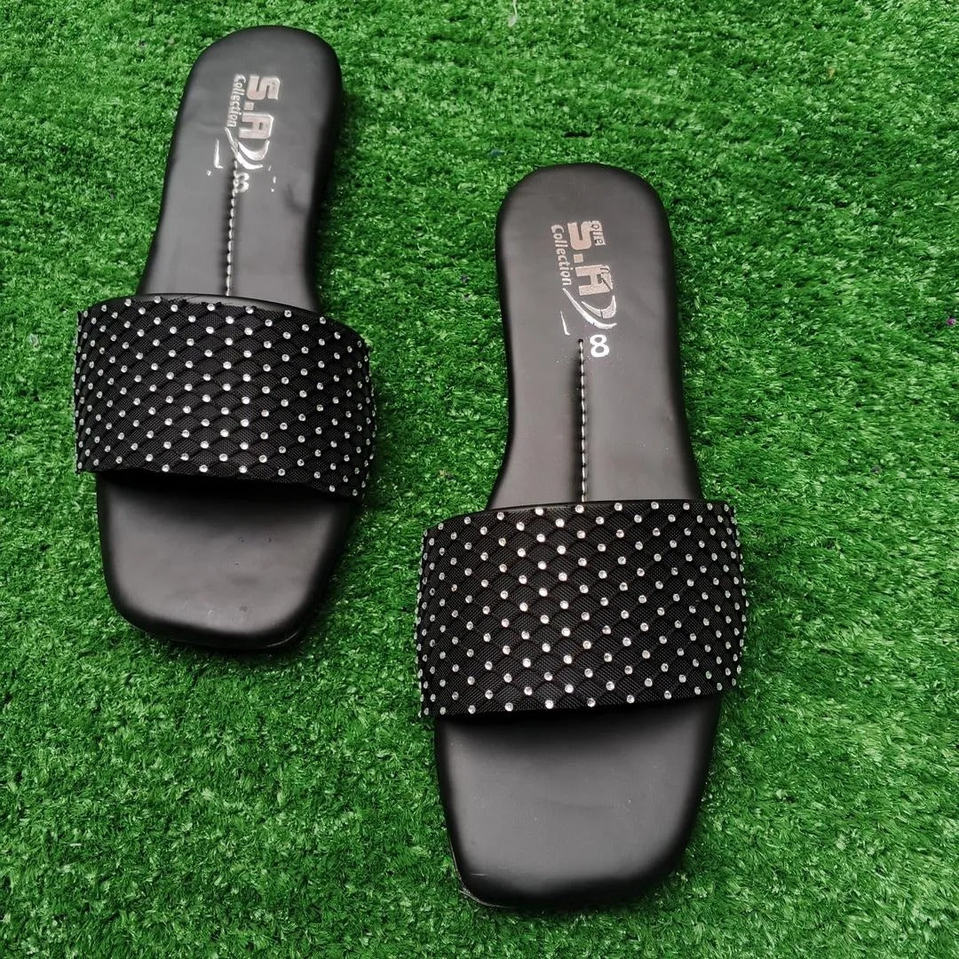 Black Rhinestone Women's Flat Slippers Size 6-10