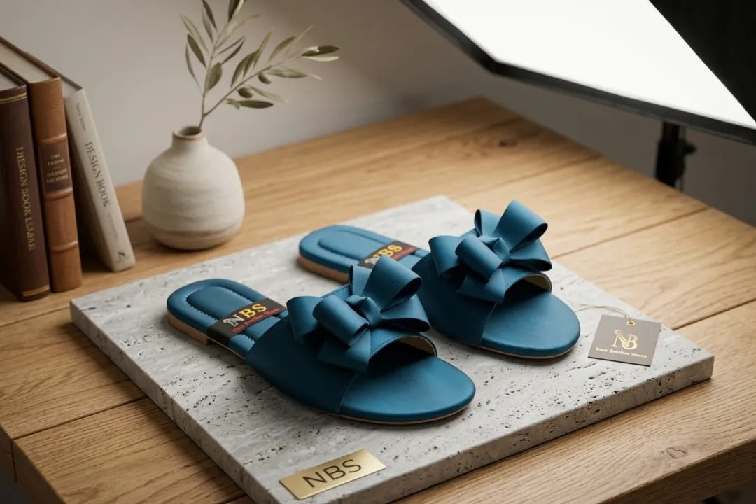 Women's Blue Bow Flat Slippers New Arriva l Size 8 to 11