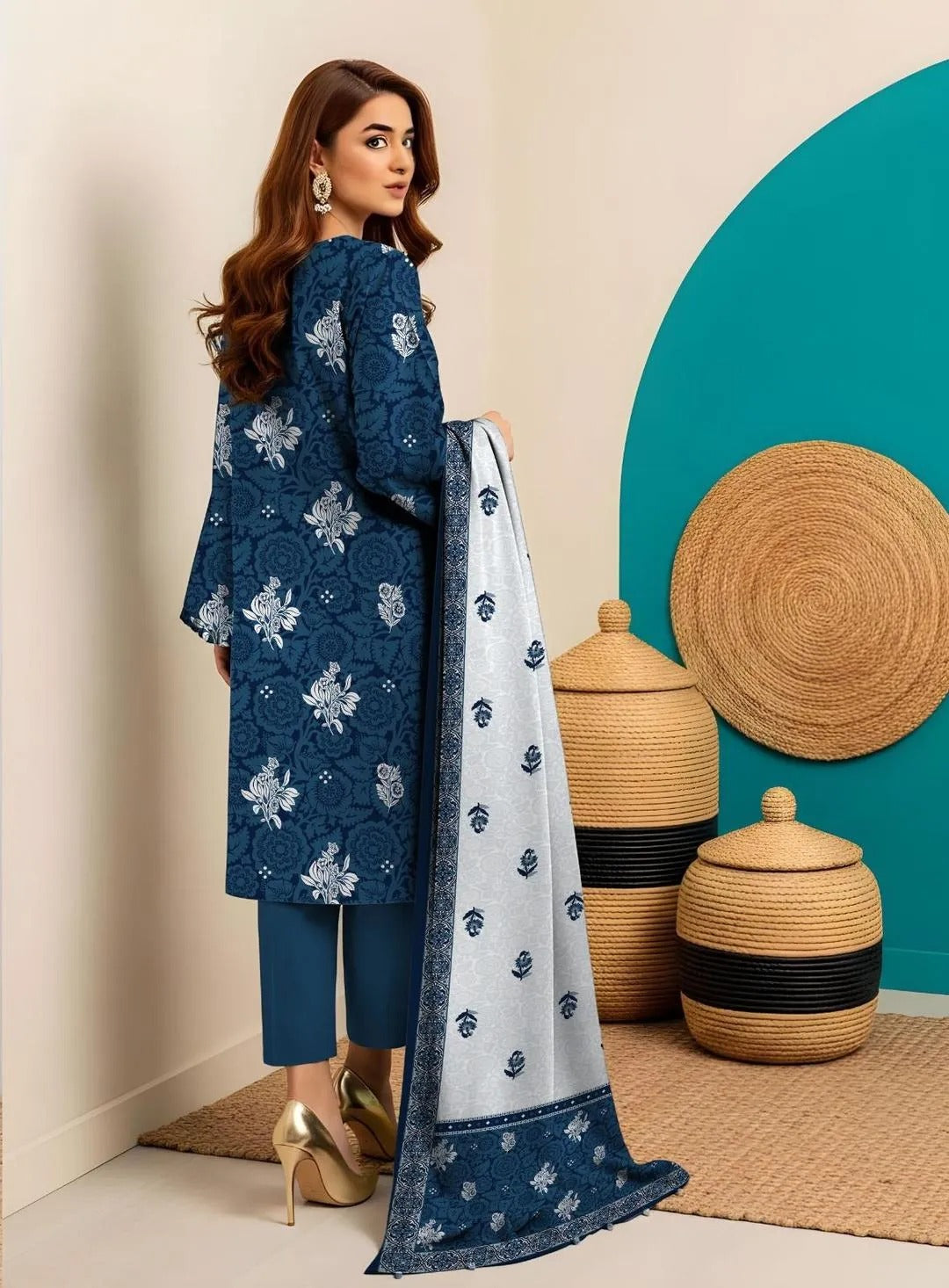 3 Piece Printed Blue Floral Dobby Lawn Suit for Women