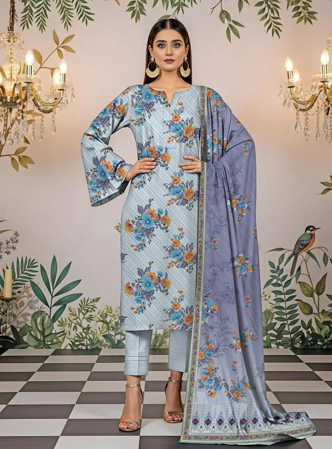 3 Piece Printed Lawn Suit Grey Floral Eid Summer Wear